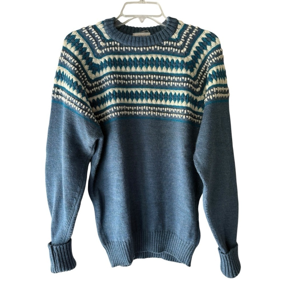 Parkhurst Vintage Wool Fair Isle Sweater Size Medium Blue Made in Canada 70s 80s